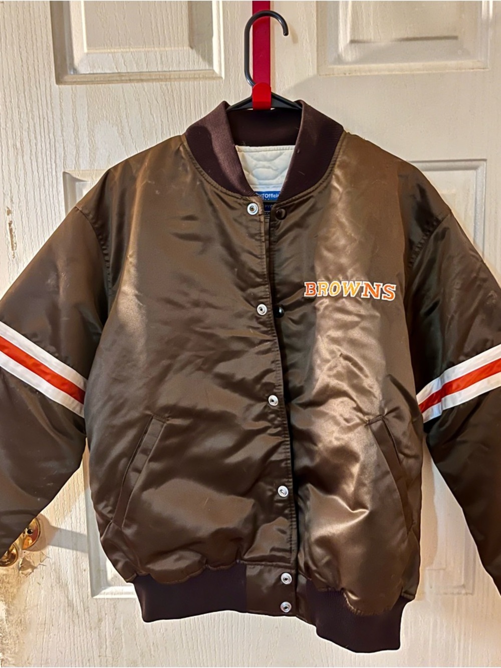 STARTER Browns Brown Orange White Satin Bomber Jacket